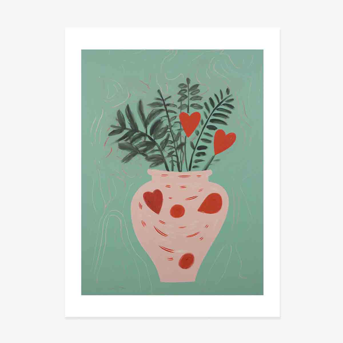 Poster Ilustrație plante în ghiveci și inimioare desenate