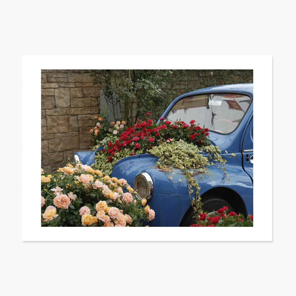 Vintage blue car with flowers poster